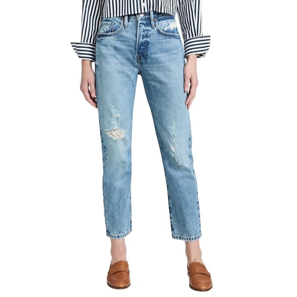 Frame Le Original High Rise Slim Straight Jeans Blue Jays Rips Womens Size 25